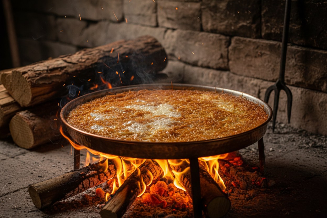 Odun ateşinde kızaran bakır tepsi künefe
